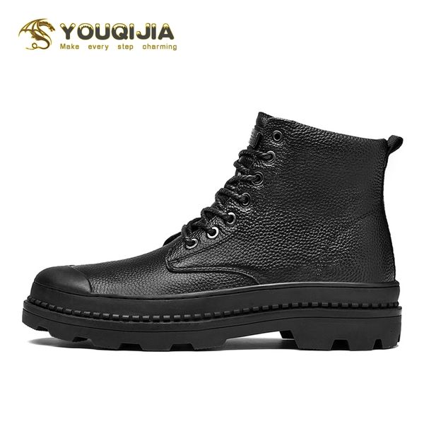 

winter genuine leather ankle boots men boots snow high-motorcycle work ing, Black