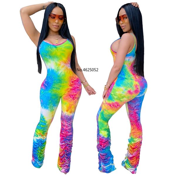

tie dye print jumpsuits women pleated spaghetti strap rompers ladies stacked pants sleeveless party club outfits femal, Black;white