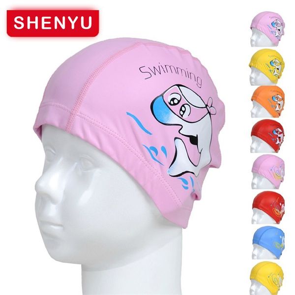

cute cartoon animal dolphin kids children swimming cap waterproof protect ears long hair boys girls swim pool pu fabric caps