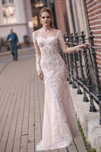 

2019 milva long sleeve wedding dresses sweep train lace mermaid bridal gowns backless vestido de novia plus size boho wedding dress, White