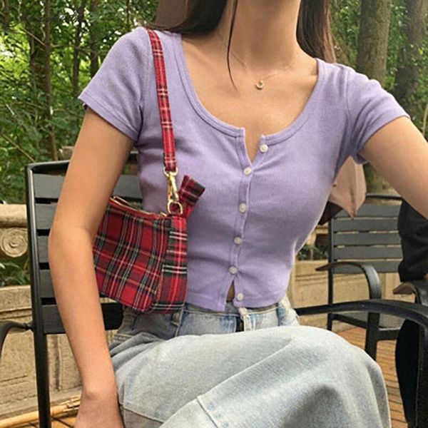 

macheda women spring summer t-shirt v neck short sleeve casual crop shirt summer solid button tee shirt mujer 2020 new, White