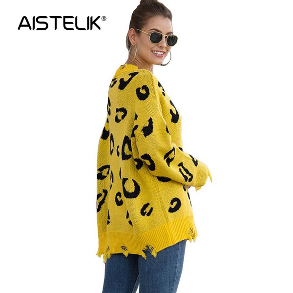 

women's sweaters aistelik 2021 autumn and winter leopard pullover sweater europe the united states v-neck hole women, White;black