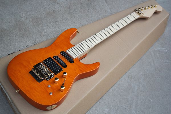 Chitarra elettrica arancione personalizzata in fabbrica con ponte Floyd Rose, tastiera in acero, hardware dorato, personalizzabile
