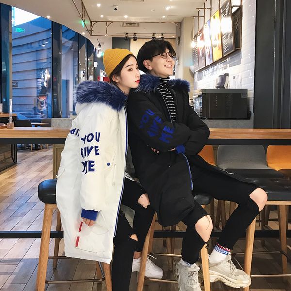 

autumn 2019 and winter new korean version of the loose couple embroidery fur collar hooded thick warm casual cotton suit, Black