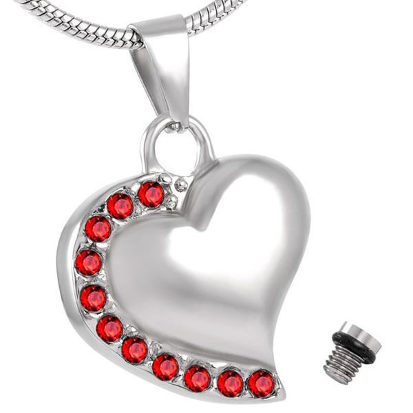

ijd8018 stainless steel cremation red crystal side heart urn pendant for ashes keepsake memorial necklace for women jewelry, Silver