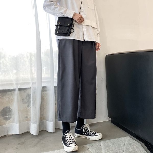 

2020 spring and summer new youth popular solid color wide leg small trousers fashion casual eight points straight pants black, White;black