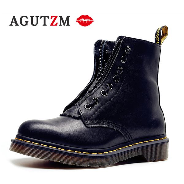 

2019 new motorcycle boots genuine leather high-women shoes lace-up round-toe gothic punk female boots botas mujer size 34-40, Black