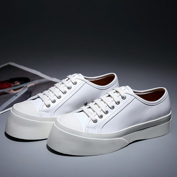 

big sneakers men's leather round head strap high-end designer casual shoes thick bottom wide-brimmed deodorant men's shoes single, Black