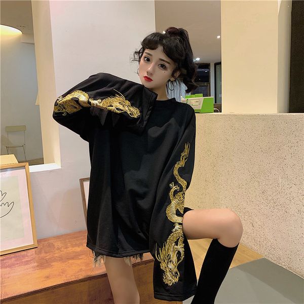 

2019 осень повседневная сыпучие женщины толстовки топы dragon вышивка толстовка o шеи длинным рукавом женские пуловеры одежда, Black