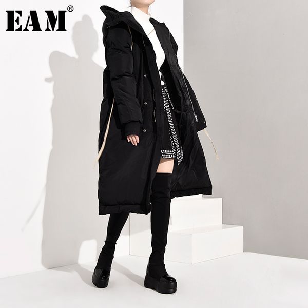 

eam] hooded black bandage big size cotton-padded coat long sleeve loose fit women parkas fashion new autumn winter 2019 jl2890, Tan;black
