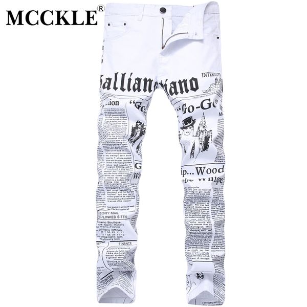 

mcckle 2019 autumn men denim trousers white printing newspaper casual pants mens painted skinny jeans for man size 28-42, Blue