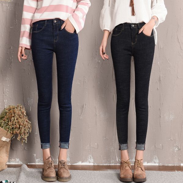

women's cotton high waist stretch wash skinny jeans 2019 spring casual slim fit crimping pencil pants plus size, Blue