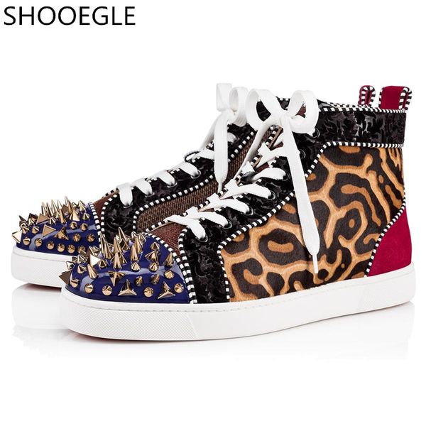 

shooegle luxurious handmade men spikes high sneakers fashion patchwork leopard prints platform flats lace up shoes man, Black