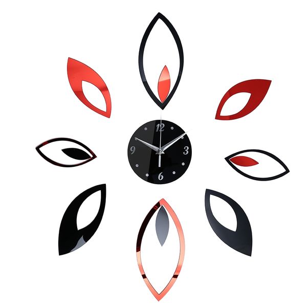 

stylish leaves mirror effect sticker diy quartz wall clock home decoration