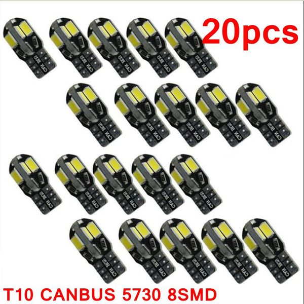 

20pcs led car interior bulb canbus error t10 white 5730 8smd led 12v car side wedge light white lamp auto bulb styling