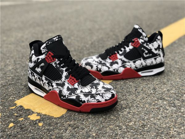 

with box) tattoo 4 4s basketball shoes for men fashion graffiti black white printing sneaker fashion elements sports shoes