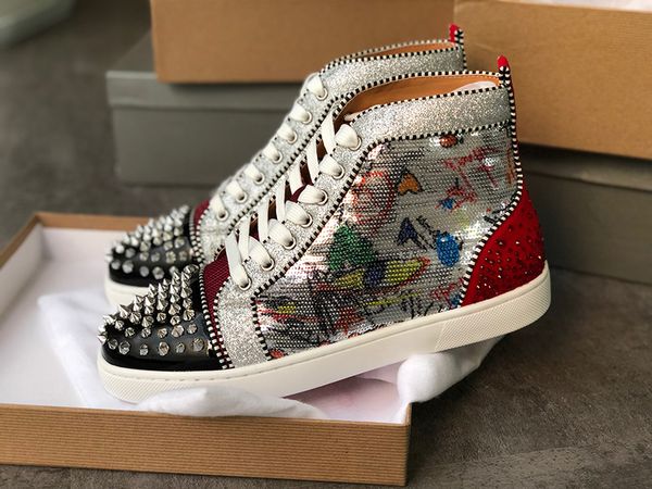 

r sneakers red bottom shoe high cut suede spike luxury shoes for men and women shoes party wedding crystal leather sneakers cs02, Black