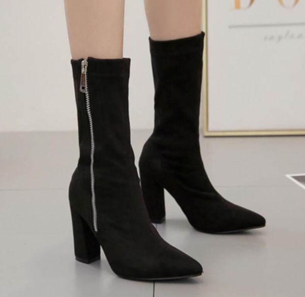

pointed toe boots black suede leather slim zipper women booties high heel boots block heels ladies shoes zapatos mujer jj80