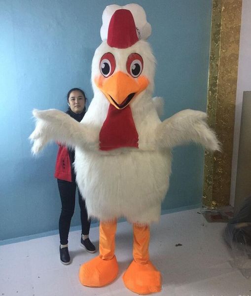 Handgefertigtes großes weißes Huhn langhaariges Maskottchenkostüm für Erwachsene