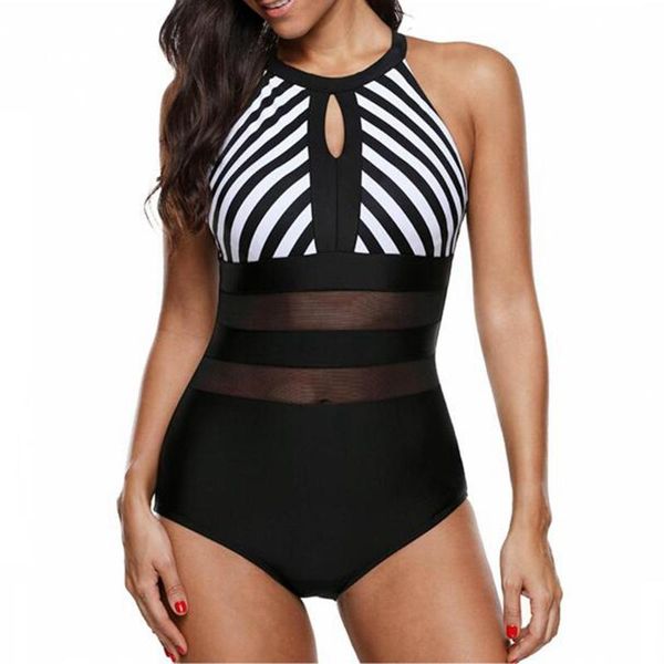 

сетка панели stripe print one piece купальники black mesh холтер цельный купальник женщины лоскутная бинты монокини плюс размер 5xl, White;black