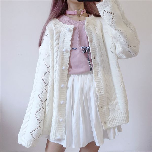 

2019 autumn new harajuku lolita harajuku sweet openwork sweater single-breasted solid color loose knit cardigan coat female, White