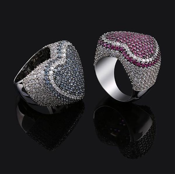 Anello da uomo con cuore d'amore di colore rosso blu Anelli Bling Bling Micro Pave Cubic Zirconia Anello hip-hop con diamanti simulati di lusso placcato oro 14 carati