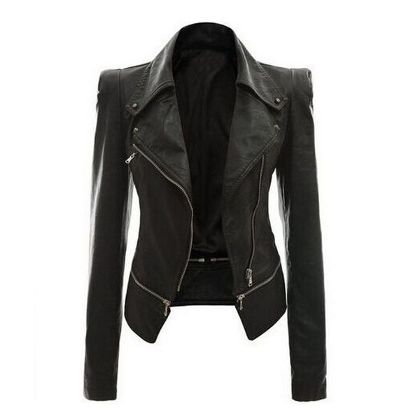 

mferlier faux leather jackets turn down collar long sleeve zippers ladies s-4xl autumn winter pu jackets coat, Black