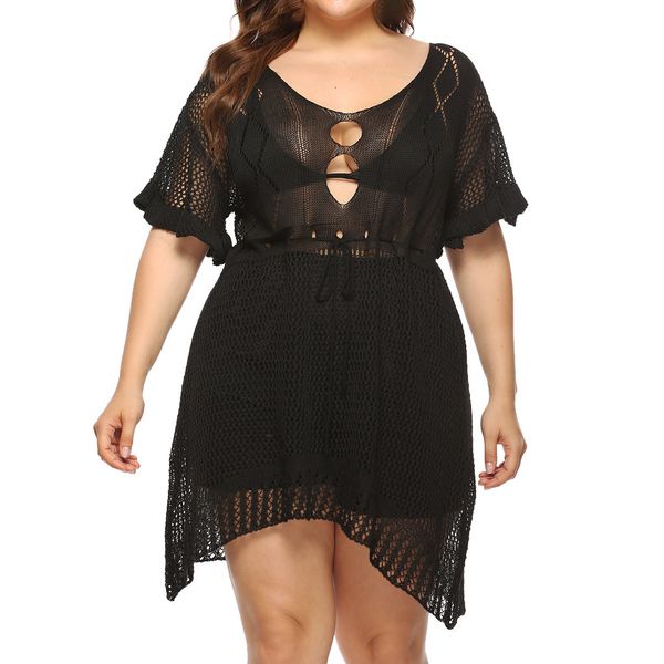 

women dress plus size sheer lace sleeve high low hem o-neck swing dress casual party dresses large sizes 4xl, Black;gray