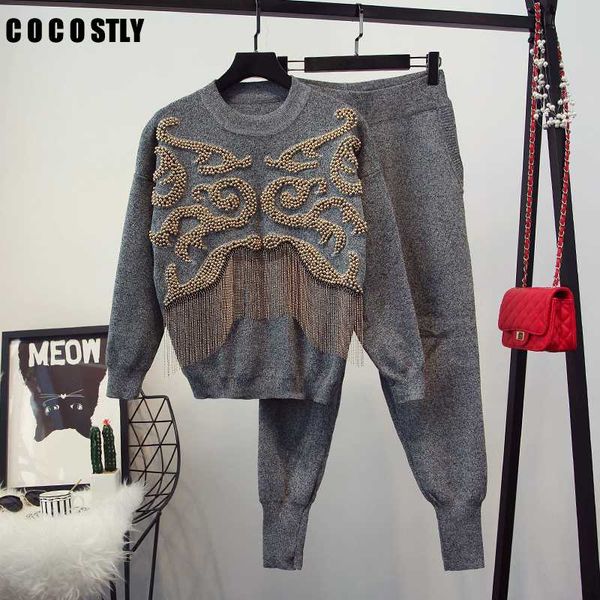 

2018 autumn winter fashion 2 piece set women pant and sweatsuits luxurious beading tassel women's tracksuit suits clothing, White