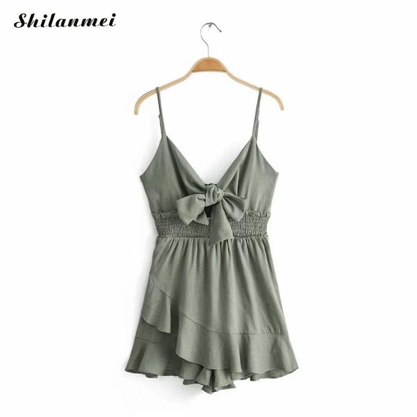 

summer jumpsuit holiday spaghetti strap short jumpsuit women v-neck backless irregular backless dark green bow playsuit, Black;white