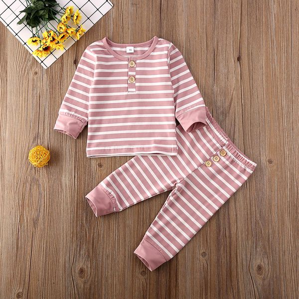 

2020 baby spring autumn clothing newborn baby boy girl long sleeve stripe button tee pullover t-shirt pants trousers outfit, White