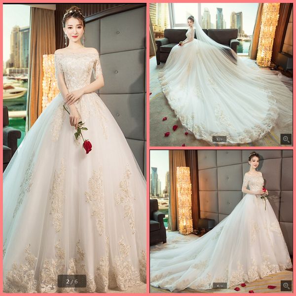 

2019 new arrival white champagne lace appliques ball gown wedding dresses off the shoulder short sleeve princess puffy bride gowns on sale