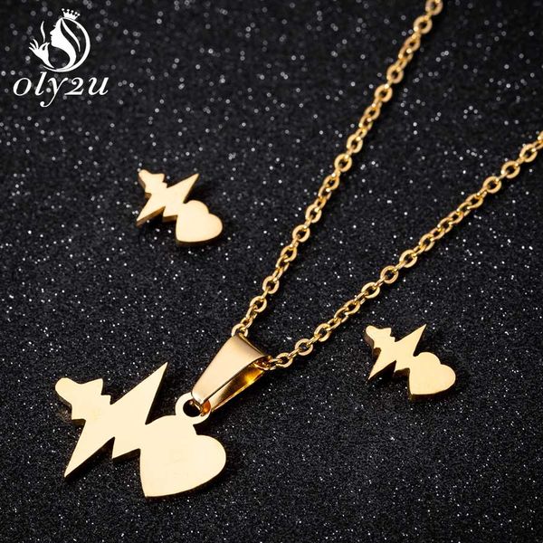 

oly2u gold heartbeat pendant necklace stud earrings jewelry sets for women long choker stainless steel necklaces female brincos, Silver