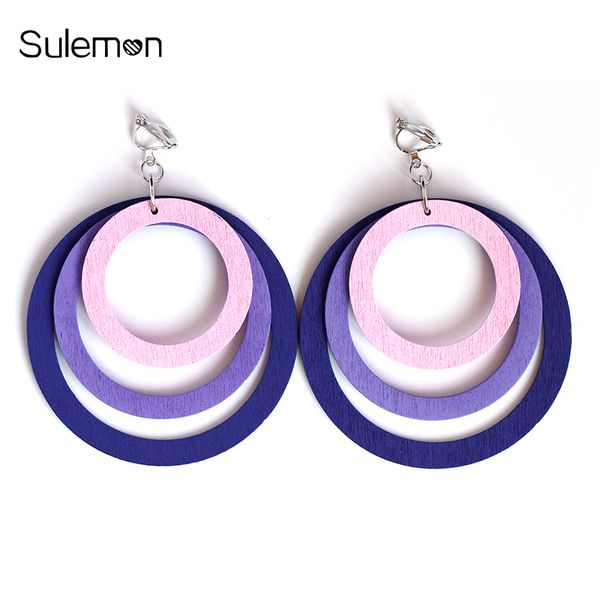 

fashion round wooden earrings no hole ear clip colorful multilayer wood clip earrings no pierced minimalism earring jewelry c107, Silver