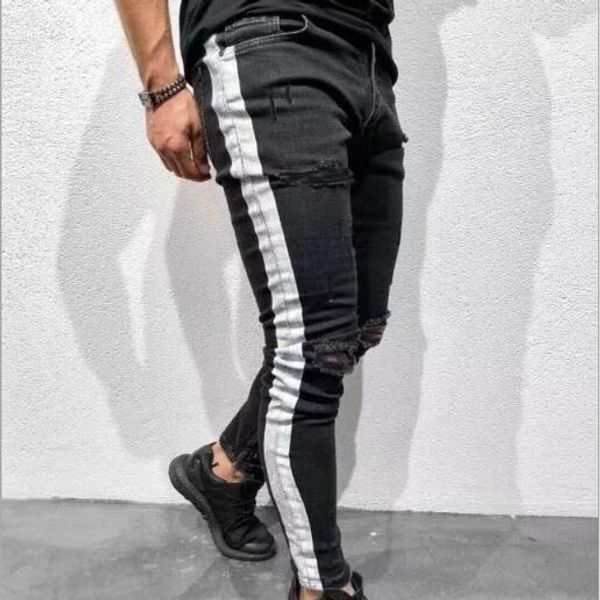 

men luxury skinny slim fit jeans disstressed holes black designer jeans ripped biker jeans hiphop papper trousers with white line, Blue