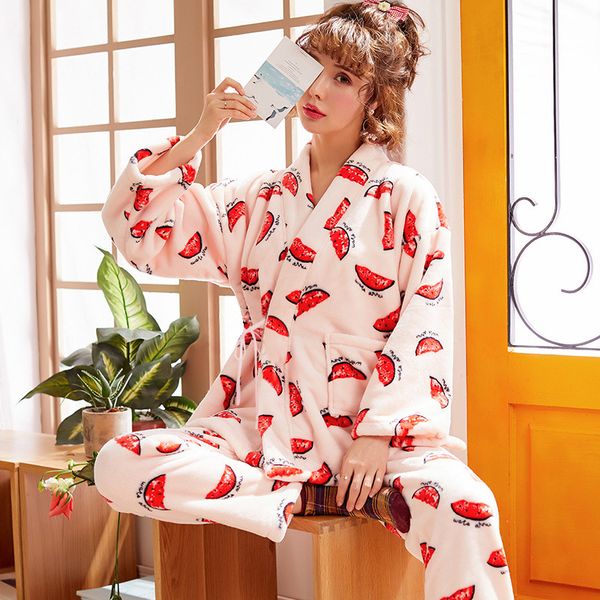

sleepwear set autumn winter 2019 long sleeved trousers flannel v-neck print soft and thickened lace home suit two-piece set, Blue;gray