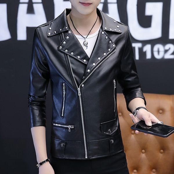 

men's 2020 autumn new slim personalized short paragraph oblique zipper leather jacket pu leather rivet youth, Black
