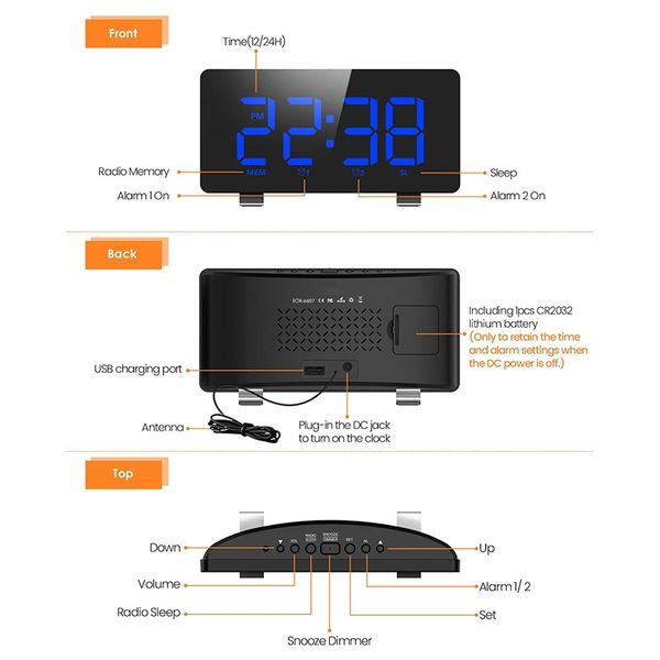 

digital alarm clock, elegiant alarm clocks for bedrooms with fm radio,dual alarms,6.7 inch led screen,usb port for charging,auto other clock