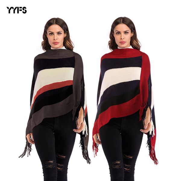 

womens designer sweater color matching striped tassel cloak shawl loose pullover sweater, White;black