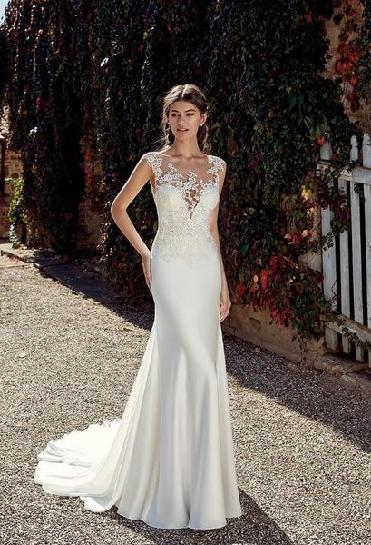 

scoop neck satin mermaid bohemia wedding dresses 2019 cap sleeves tulle lace applique plus size wedding bridal gowns robes de mariÃ©e, White