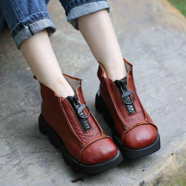 

women ankle boots brand genuine leather women boots leather winter shoes low heels wedge brown handmade 245, Black