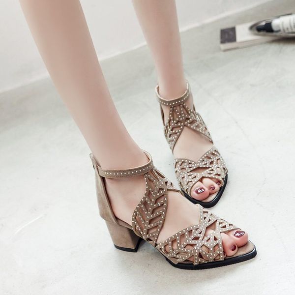 

chunky heel women sandals leaf shape band pumps rhinestone sandal back zip peep toe sandal euro shoes z56, Black