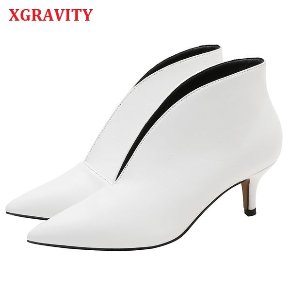 

xgravity 2019 pointed toe girl thin heel woman boots deep v design lady fashion shoes elegant european women shoes s071, Black