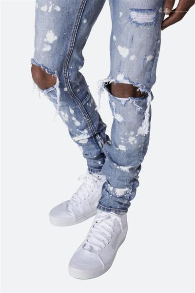 

jeans european and american styles mens clothing holes oil paint zipper pencil pants designer skinny washed, Blue