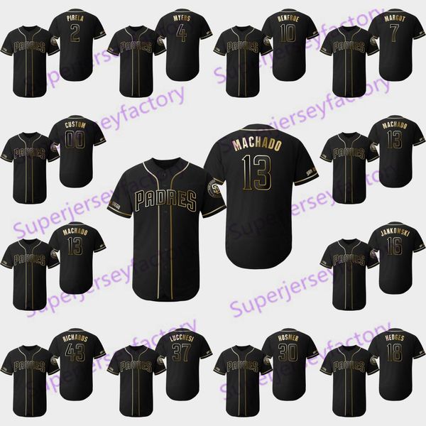 

13 MANNY MACHADO 2019 Golden Edition 4 Wil Myers 30 Eric Hosmer 7 Manuel Margot 10 Hunter Renfroe 3 Ian Kinsler Padres Jersey