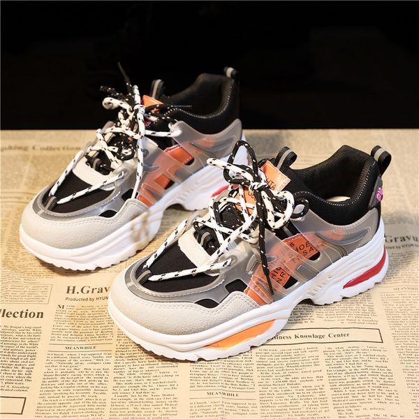 

plus size 36-42 new woman casual shoes fashion vulcanize chunky sneakers lace-up breathable platform sneakers women flat shoes, Black