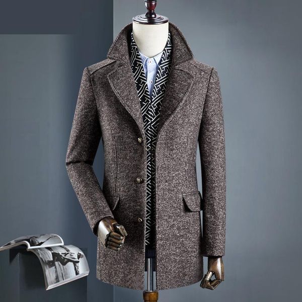

men's wool & blends winter mens thick single breasted casual detachable scarf collar woolen cloth coat style young male clothing plus s, Black