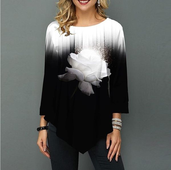 

shirt women spring autumn printing o-neck blouse 3/4 sleeve casual hem irregularity female fashion shirt plus size, White