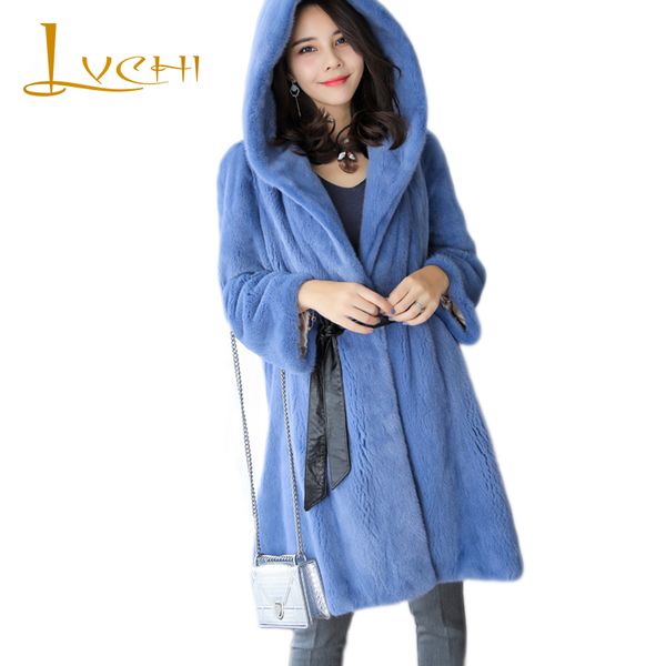 

lvchi winter 2019 causal import swan velvet 6 color office lady real coat women's with fur hood long pockets mink coats, Black