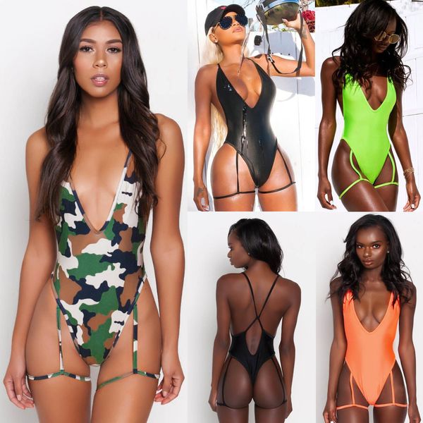 

deep v backless one piece swimsuit women swimwear thighs camouflage printed women bathing suit monokini padded summer